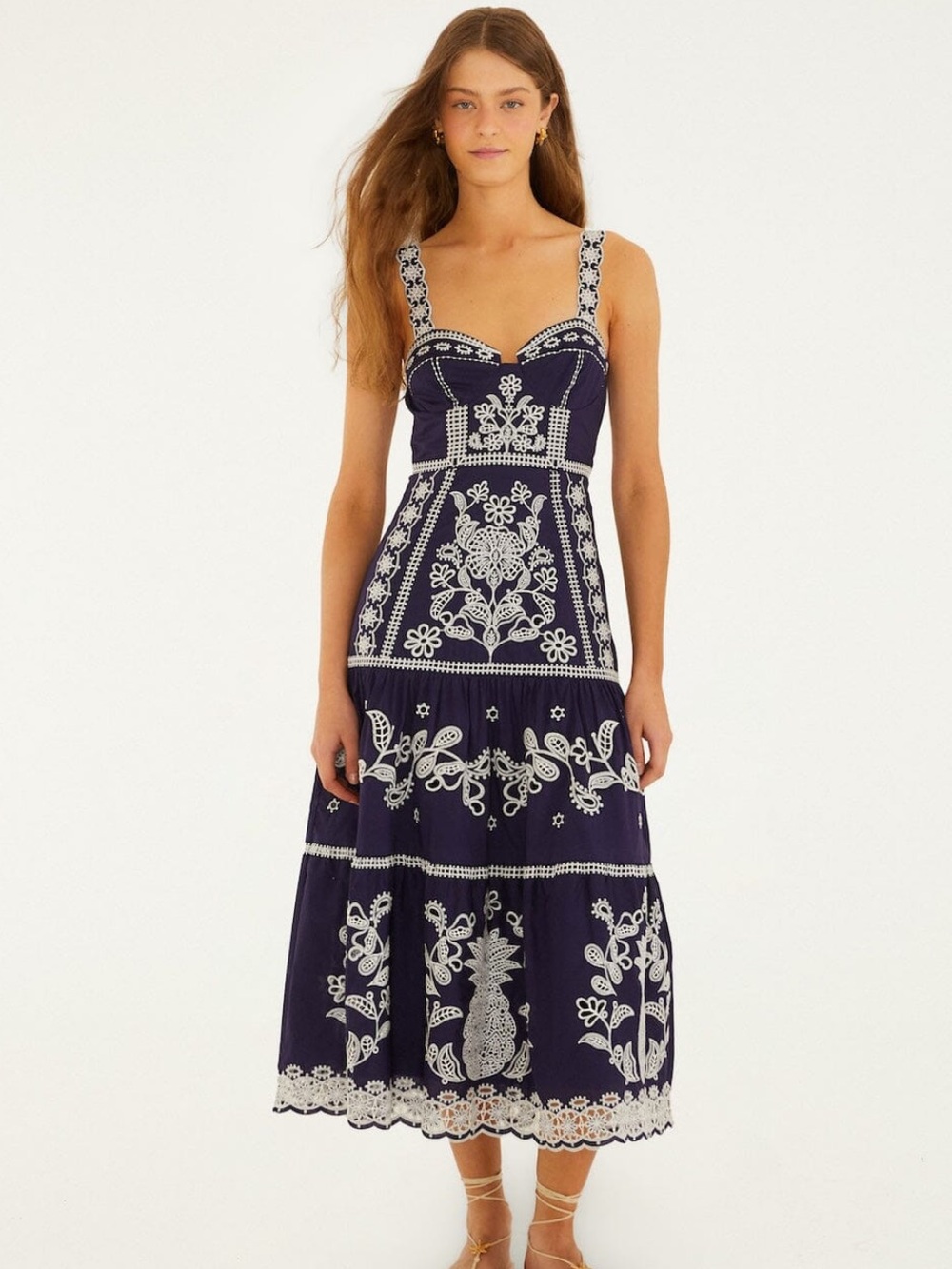 Farm Rio Blue Richelieu Embroidered Midi Dress